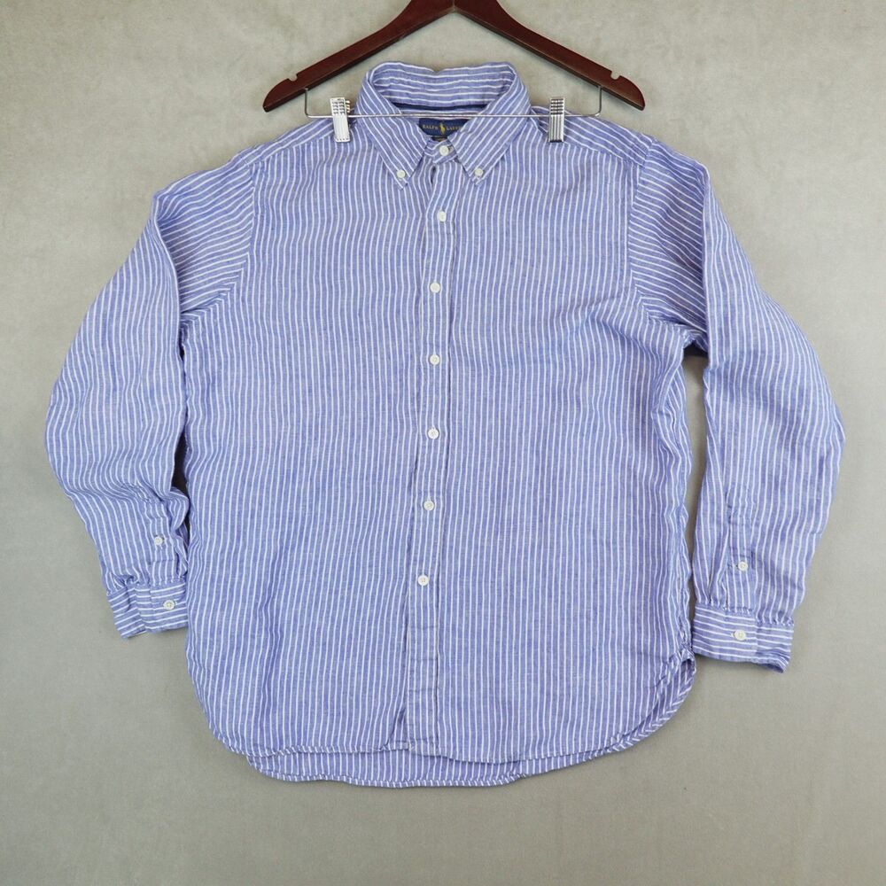 Ralph Lauren Shirt Luxury Linen Mens XL Blue Stripe Button Down Long Sleeves